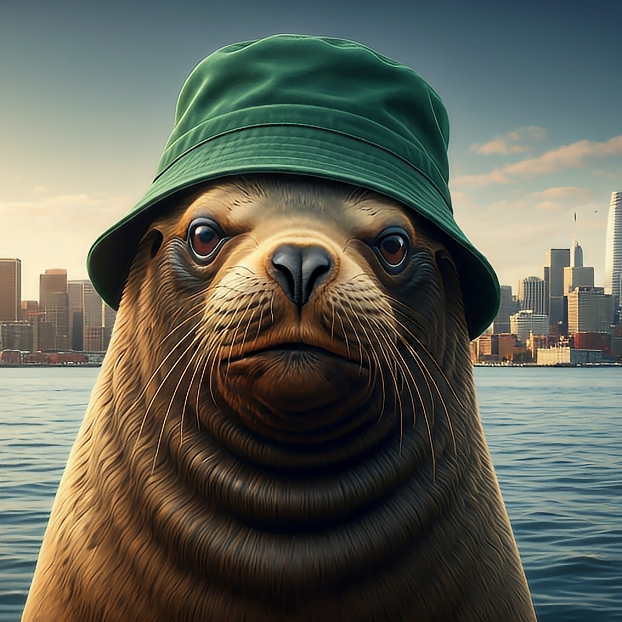 Sea lion in a bucket cap with a city in the background